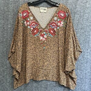 Savanna Jane Top Women 1X Leopard Floral Boxy‎ Embroidered Boho Peasant Hippie